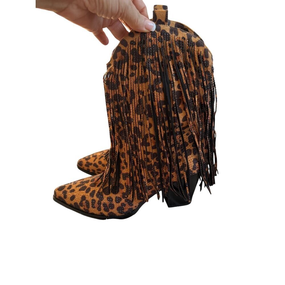 Ouepiano Womens Cowboy Boots Size 8.5 Leopard  Rhinestone Fringe Coachella New - Picture 2 of 16